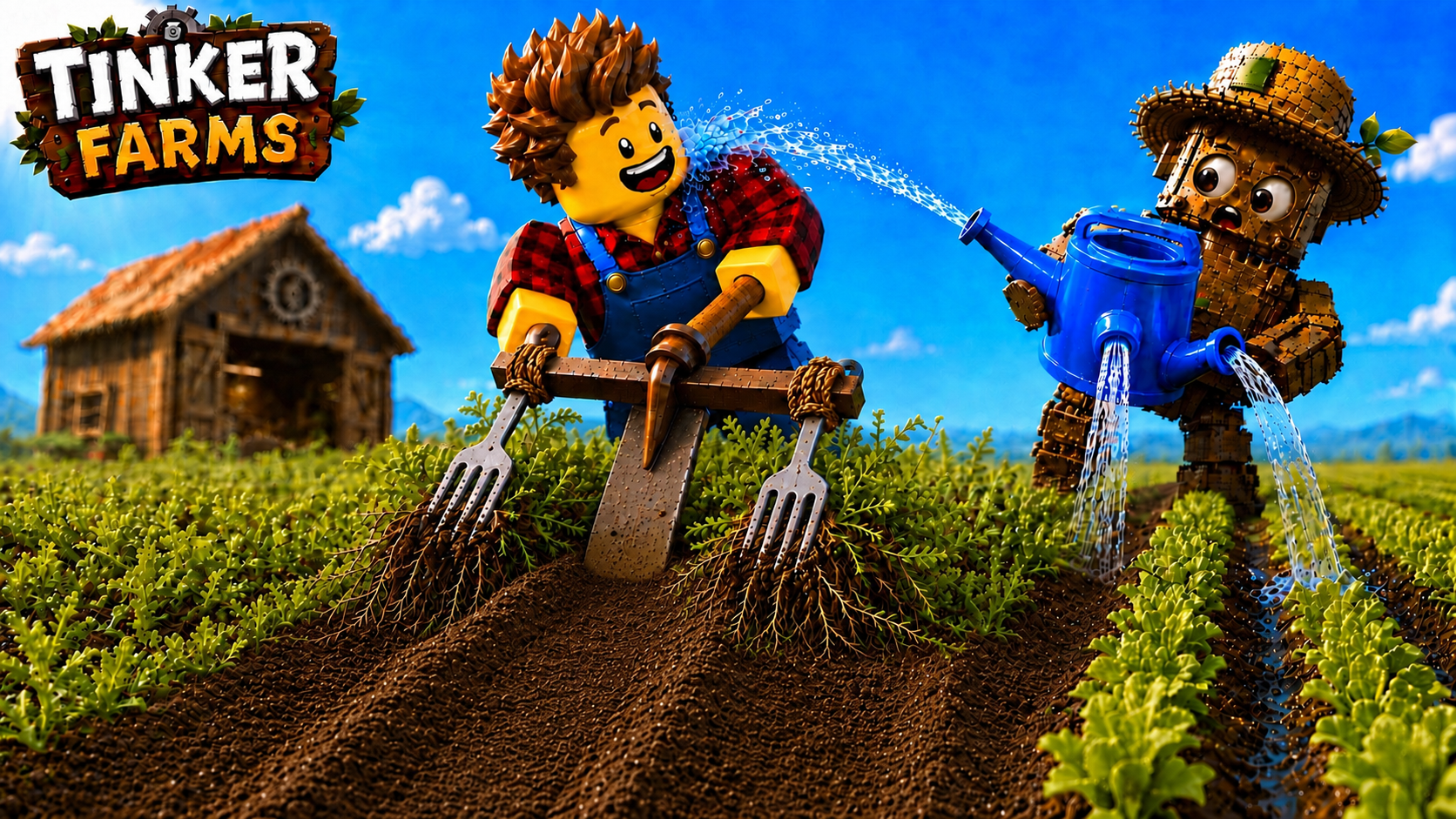 Tinker Farms player and robot tending crops